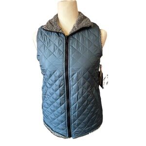 Simply Southern Womens Quilted Vest Blue Gray Fuzzy Reversible Zip Size Small